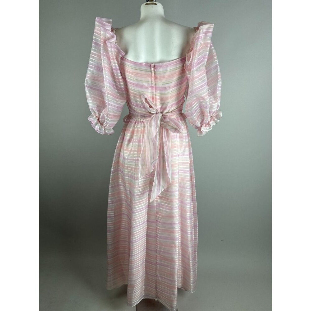 Vtg 80s Cotton Candy Pink Striped Puff Shoulder Party Dress Fairy kawaii 12 - Picture 4 of 7